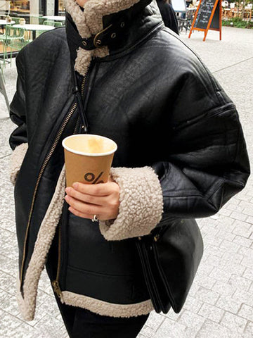 Airchics manteau aviateur en cuir doublé mouton femme perfecto veste noir